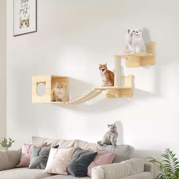DWVO Cat Wall Shelves and Perches for Wall, Wooden Wall Mounted Cat Furniture, Set of 5 Cat Climbing Shelves with 1 Cat Wall House, 2 Cat Wall Steps, 1 Cat Bridge Ladder and 1 Cat Scratching Post