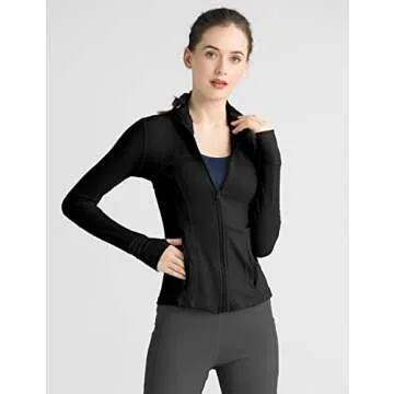 Locachy Women's Slim Fit Full Zip Athletic Running Sports Workout Jacket with Thumb Holes Black L