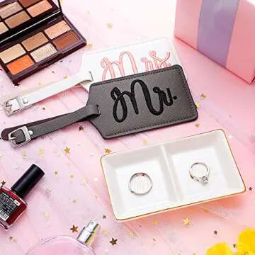 Frienda Wedding Ring Dish Engagement Ceramic Trinket Tray Wedding Jewelry Ring Holder with 2 Pieces Luggage Tags Faux Leather Travel Tags for Bridal Shower Honeymoon Newlyweds(Mr & Mrs)
