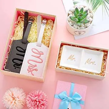 Frienda Wedding Ring Dish Engagement Ceramic Trinket Tray Wedding Jewelry Ring Holder with 2 Pieces Luggage Tags Faux Leather Travel Tags for Bridal Shower Honeymoon Newlyweds(Mr & Mrs)