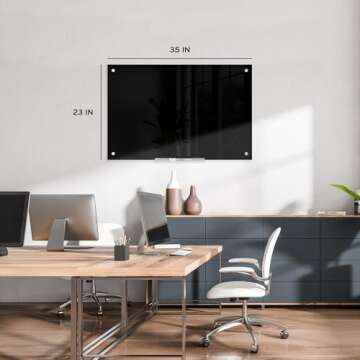 U Brands Glass Dry Erase Board, 35"x23", Black Surface with Silver Grommets, Frameless, Includes Marker with Built-in Eraser