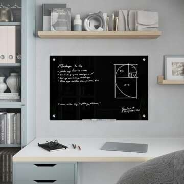 U Brands Glass Dry Erase Board, 35"x23", Black Surface with Silver Grommets, Frameless, Includes Marker with Built-in Eraser