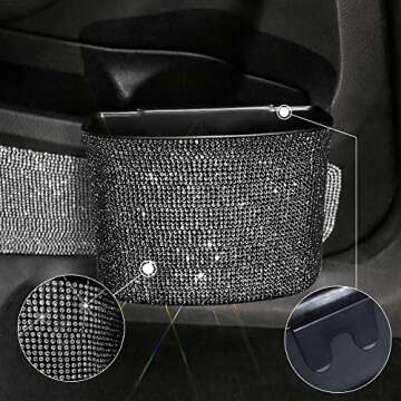 Pomelo Litchi Pitaya Glitter Diamond Organizer Storage Box Garbage Holder Bling Rhinestone Car Funtional Car Trash Bin Can with Two Hooks,a Ticket Clip,a Start Engine Circle(Black)