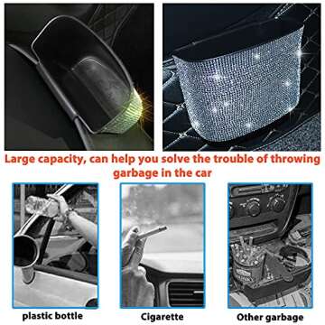 Pomelo Litchi Pitaya Glitter Diamond Organizer Storage Box Garbage Holder Bling Rhinestone Car Funtional Car Trash Bin Can with Two Hooks,a Ticket Clip,a Start Engine Circle(Black)