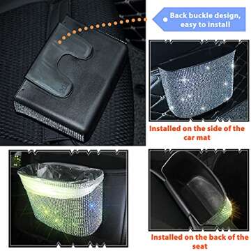 Pomelo Litchi Pitaya Glitter Diamond Organizer Storage Box Garbage Holder Bling Rhinestone Car Funtional Car Trash Bin Can with Two Hooks,a Ticket Clip,a Start Engine Circle(Black)