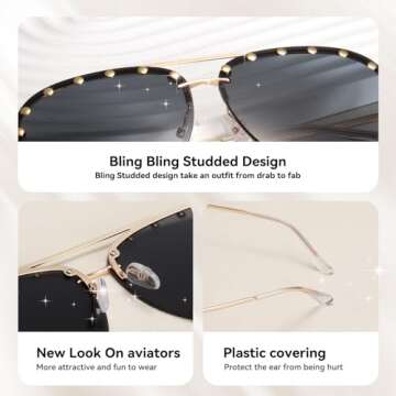Dollger Oversized Aviator Sunglasses for Women Fashion Retro Rimless Studded Black Sunglasses Designer Shades