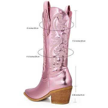 Women's Cowgirl Embroidered Mid-Calf Western Boots, Pointed Toe Medium Block Chunky Heel 6cm Stitching Pull On Cowboy Boots for Ladies