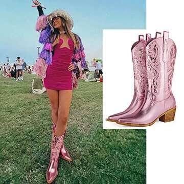 Women's Cowgirl Embroidered Mid-Calf Western Boots, Pointed Toe Medium Block Chunky Heel 6cm Stitching Pull On Cowboy Boots for Ladies