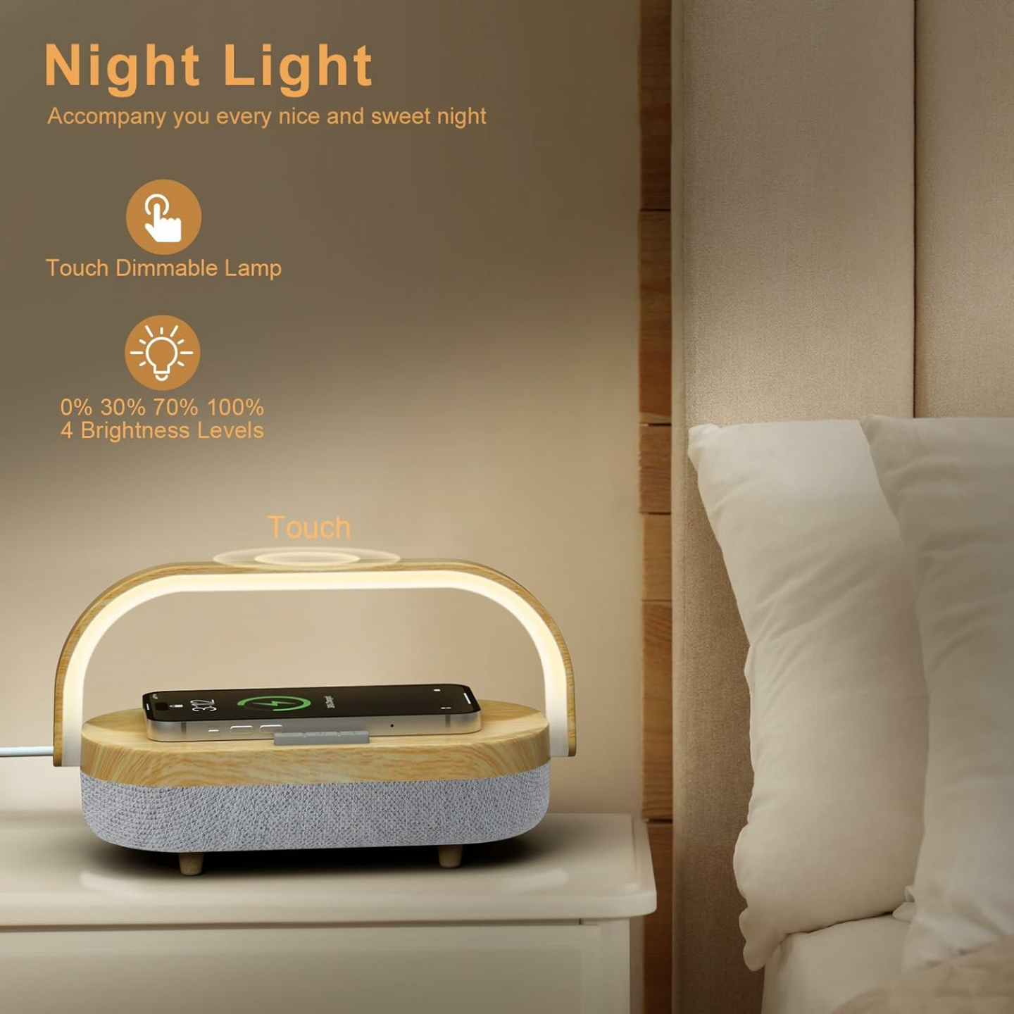 LED Bedside Lamp with Wireless Charger & Speaker