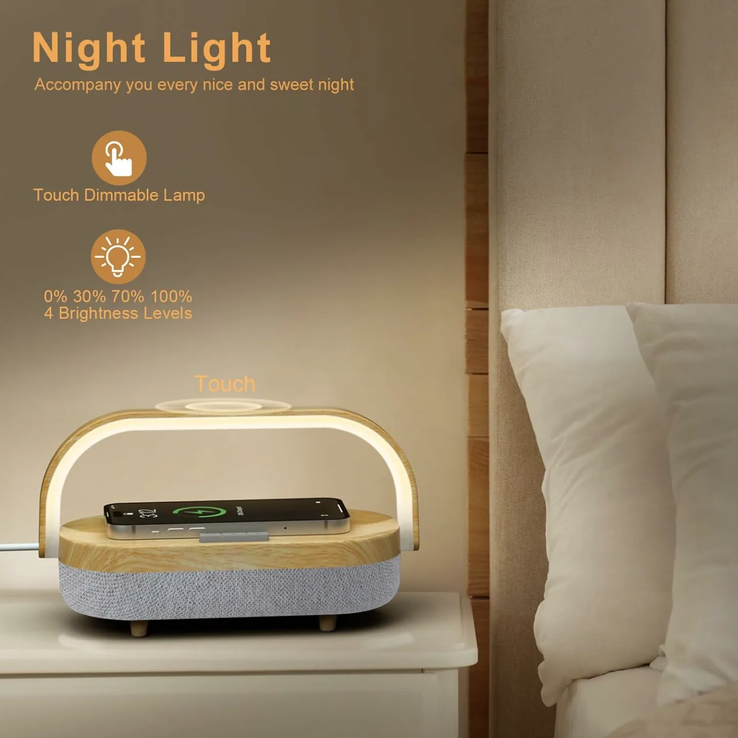 LED Bedside Lamp with Wireless Charger & Speaker