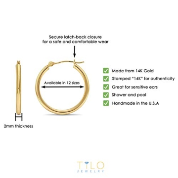 14k Yellow Gold 2mm Tube Polished Round Hoop Earrings, 25mm (1 inch Diameter)…