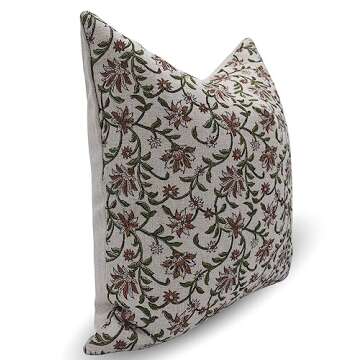 Fabritual Block Print Thick Linen 20X20 Throw Pillowcase Cushion Cover, Outdoor, Decorative Handmade for Sofa and Couch, Fall Decoration, Floral Printed Boho, Home Decor, Aradhana, Green