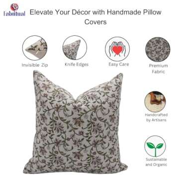 Fabritual Block Print Thick Linen 20X20 Throw Pillowcase Cushion Cover, Outdoor, Decorative Handmade for Sofa and Couch, Fall Decoration, Floral Printed Boho, Home Decor, Aradhana, Green