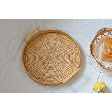 DECRAFTS Rattan Round Serving Tray Wicker Woven Bread Basket with Handles for Cracker Dinner Parties...