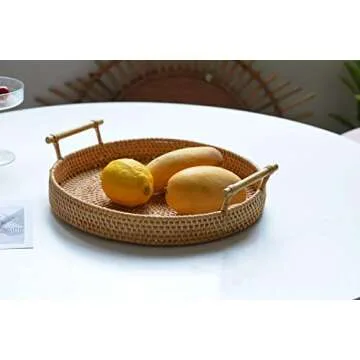 DECRAFTS Rattan Round Serving Tray Wicker Woven Bread Basket with Handles for Cracker Dinner Parties Coffee Table Breakfast (Natural 12.6 inches)