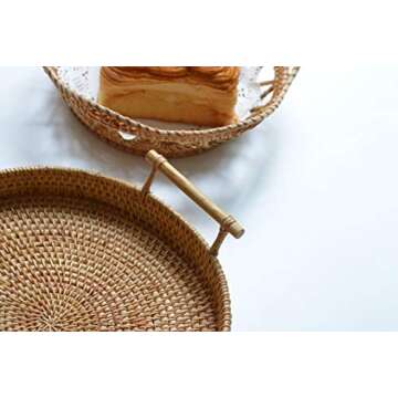 DECRAFTS Rattan Round Serving Tray Wicker Woven Bread Basket with Handles for Cracker Dinner Parties Coffee Table Breakfast (Natural 12.6 inches)