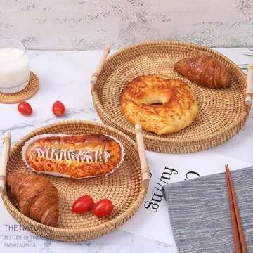DECRAFTS Rattan Round Serving Tray Wicker Woven Bread Basket with Handles for Cracker Dinner Parties Coffee Table Breakfast (Natural 12.6 inches)