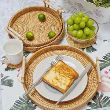 DECRAFTS Rattan Round Serving Tray Wicker Woven Bread Basket with Handles for Cracker Dinner Parties Coffee Table Breakfast (Natural 12.6 inches)