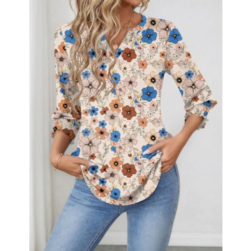 LOMON 3/4 Sleeve V Neck Shirts for Women - Summer Style