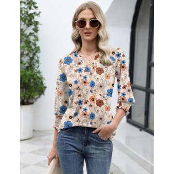 LOMON 3/4 Sleeve V Neck Shirts for Women - Summer Style