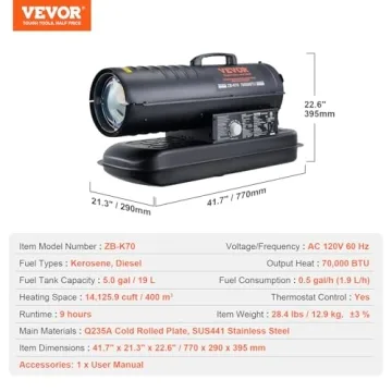 VEVOR Kerosene Forced Air Heater, 70000 BTU Portable Torpedo Diesel Space Heater with Thermostat, 5 Gallon Tank Energy-Efficient heavy-duty Heater, for Indoor Outdoor Use Workshop Industry