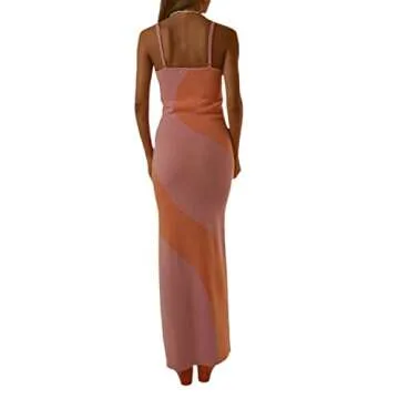Fabumily Sexy Knit Bodycon Dress for Women Sleeveless Spaghetti Strap Cut Out Maxi Dress Backless Y2K Summer Beach Dresses (A- Pink & Orange, M)