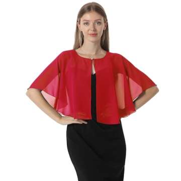 Chiffon Capelet Women's Soft capes Shawls and Wraps for Evening Dress Wedding Cape Cover Up (Red)