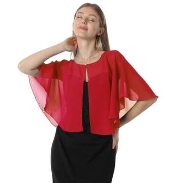 Chiffon Capelet Women's Soft capes Shawls and Wraps for Evening Dress Wedding Cape Cover Up (Red)