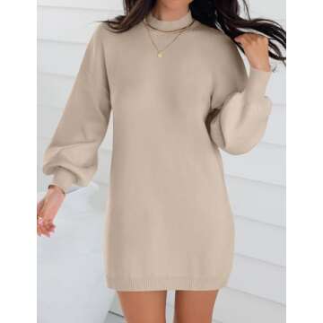 ZESICA Women's Spring Turtleneck Sweaters Dress Oversized Long Lantern Sleeve Casual Knit Pullover Short Dresses,Almond,X-Large