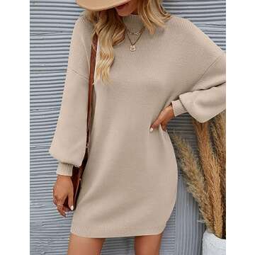 ZESICA Women's Spring Turtleneck Sweaters Dress Oversized Long Lantern Sleeve Casual Knit Pullover Short Dresses,Almond,X-Large