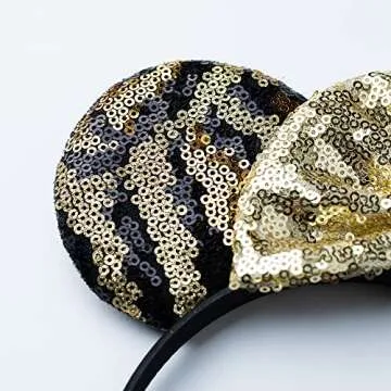 Foeran Mouse Ears Headbands Shiny Bows Mouse Ears Glitter Party Princess Decoration Cosplay Costume for Girls Women (Leopard/Gold)