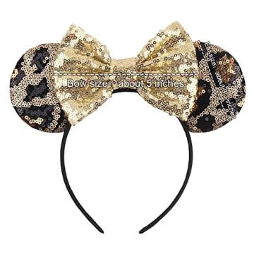 Foeran Mouse Ears Headbands Shiny Bows Mouse Ears Glitter Party Princess Decoration Cosplay Costume for Girls Women (Leopard/Gold)