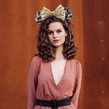 Foeran Mouse Ears Headbands Shiny Bows Mouse Ears Glitter Party Princess Decoration Cosplay Costume for Girls Women (Leopard/Gold)