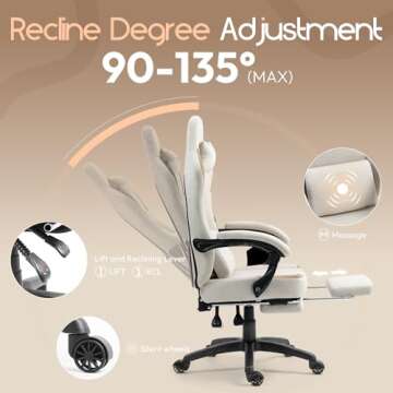 Dowinx Fabric Gaming Chair with Pocket Spring Cushion,Breathable Computer Chair with Massage Lumbar Support and Footrest,High Back Game Office Chair for Adult,Beige