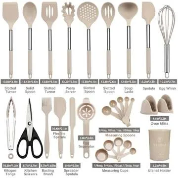 QMVESS Silicone Cooking Utensils Set, 28 Pcs Non-Stick Kitchen Utensils Set with Holder, 446°F Heat Resistant Spatula, Tongs, Spoons Set with Stainless Steel Handle Kitchen Gadgets (Khaki)