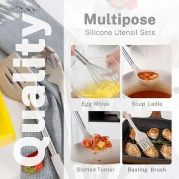 QMVESS Silicone Cooking Utensils Set, 28 Pcs Non-Stick Kitchen Utensils Set with Holder, 446°F Heat Resistant Spatula, Tongs, Spoons Set with Stainless Steel Handle Kitchen Gadgets (Khaki)