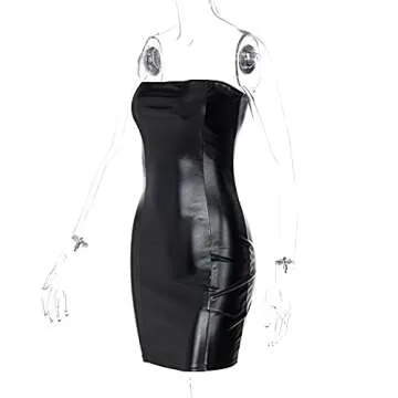 Achieer Women Sexy Club Party Strapless Bodycon Pu Leather Black Ruched Latex Dress