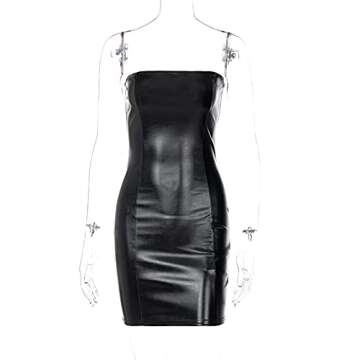 Achieer Women Sexy Club Party Strapless Bodycon Pu Leather Black Ruched Latex Dress