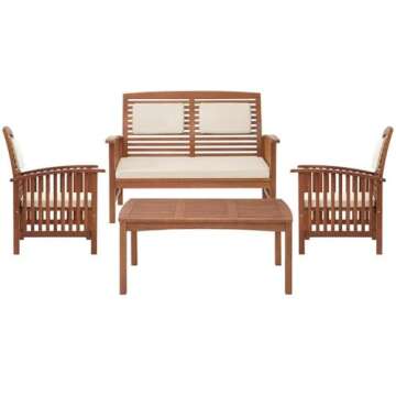 Lyndon Eucalyptus Wood Outdoor Conversation Set - Includes 2-Seat Bench with Cushions, Two Chairs with Cushions, and Cocktail Table - Weather-Resistant