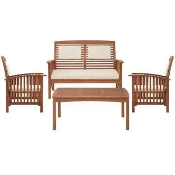 Lyndon Eucalyptus Wood Outdoor Conversation Set - Includes 2-Seat Bench with Cushions, Two Chairs with Cushions, and Cocktail Table - Weather-Resistant
