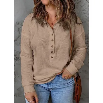 Eytino Womens Plus Size Casual Long Sleeve Button Down Stand Collar Knit Pullover Tops Shirts,1X Khaki