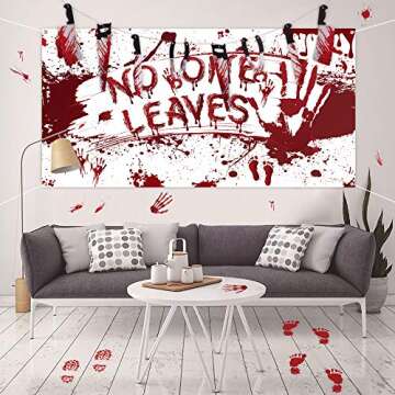 Halloween Scary Decorations Set: No One Leave Backdrop, Horror Banner, Bloody Footprints and Handpri...
