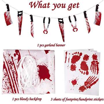 Halloween Scary Decorations Set: No One Leave Backdrop, Horror Banner, Bloody Footprints and Handprints Floor Clings Decals, Zombie Vampire Party Indoor Outdoor Decor Supplies
