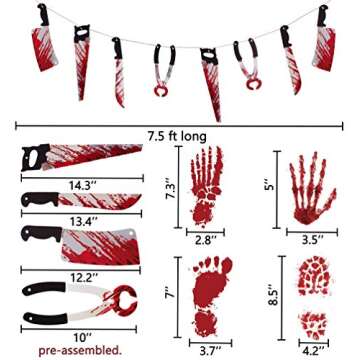 Halloween Scary Decorations Set: No One Leave Backdrop, Horror Banner, Bloody Footprints and Handprints Floor Clings Decals, Zombie Vampire Party Indoor Outdoor Decor Supplies