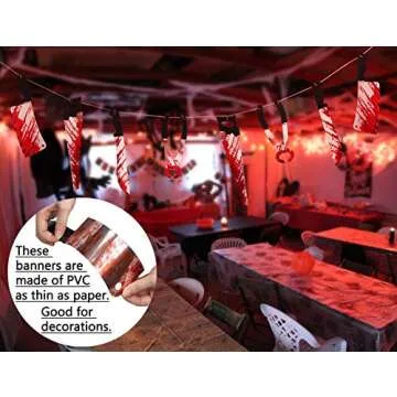 Halloween Scary Decorations Set: No One Leave Backdrop, Horror Banner, Bloody Footprints and Handprints Floor Clings Decals, Zombie Vampire Party Indoor Outdoor Decor Supplies