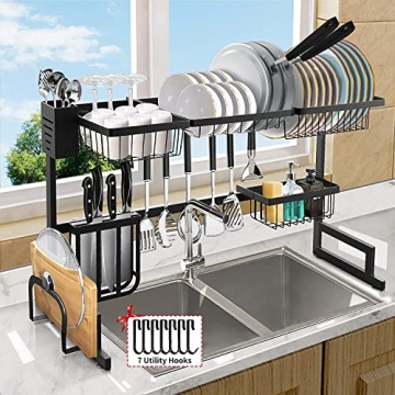 AIVIKI Over The Sink Dish Drying Rack, Length (33.4-41.3'') Adjustable Large 2 Tier Stainless Steel ...