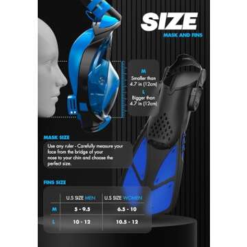 COZIA DESIGN Snorkeling Gear for Adults with Fins - Full Face Snorkel Mask and Swim Fins, 180° Panoramic View Snorkel Mask, Anti Fog and Anti Leak Adult Snorkel Set (Blue, Mask L - Fins L)