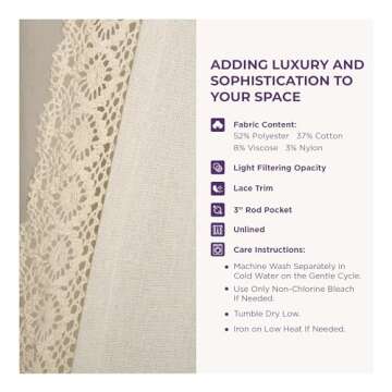 Lush Decor Rosalie Light Filtering Window Curtain Panel Set- Pair- Vintage Farmhouse & French Country Style Curtains - Timeless Dreamy Drape - Romantic Lace Trim - 54" W x 95" L, Ivory
