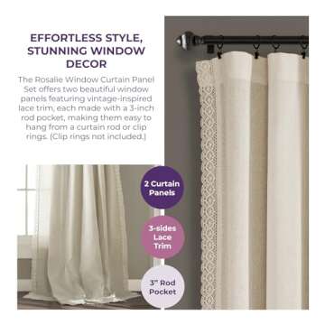 Lush Decor Rosalie Light Filtering Window Curtain Panel Set- Pair- Vintage Farmhouse & French Country Style Curtains - Timeless Dreamy Drape - Romantic Lace Trim - 54" W x 95" L, Ivory