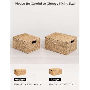StorageWorks Water Hyacinth Wicker Baskets for Organizing, Medium Wicker Basket with Lid, Decorative Basket with Built-in Handles, Storage Basket for Shelves, 1 Pack